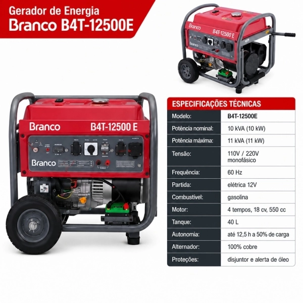 Gerador de Energia Branco B4T-12500 E 10 kVA 110/220V