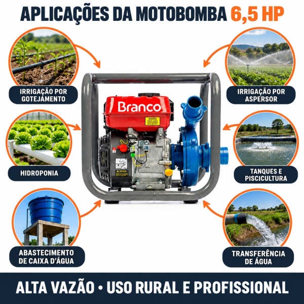 Motobomba Branco B4T-716 Gasolina 6,5HP Alta Vazão Irrigação