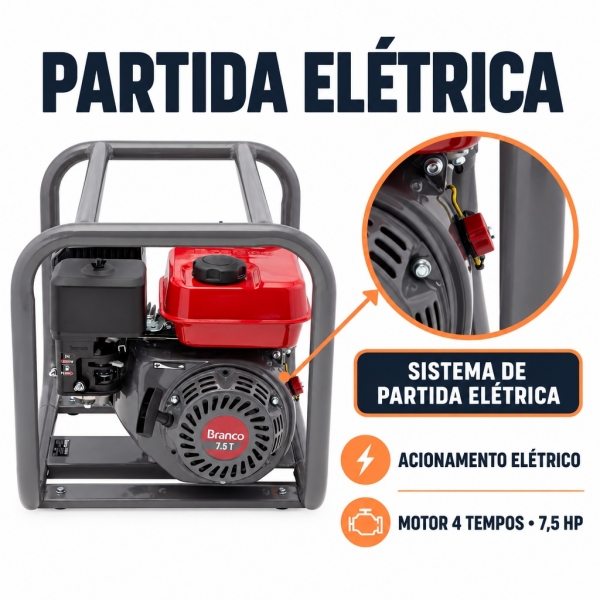 Motobomba Branco B4T-711E Gasolina 7,5HP Partida Elétrica