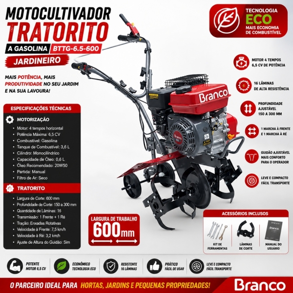 Motocultivador Tratorito a Gasolina BTTG-6.5-600 Jardineiro