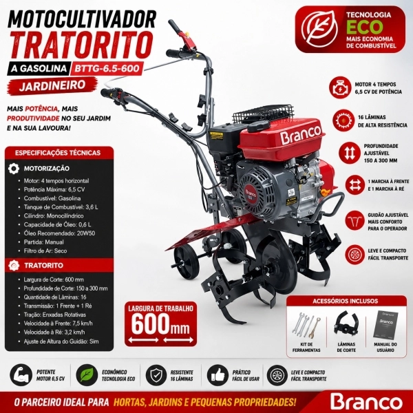 Motocultivador Tratorito a Gasolina BTTG-6.5-600 Jardineiro