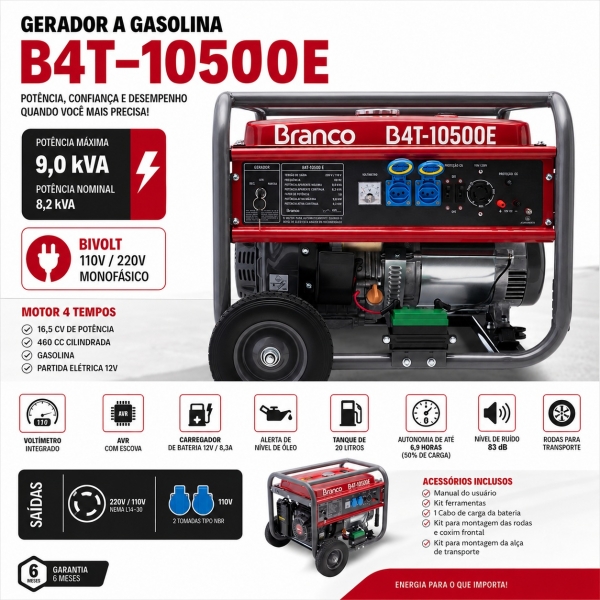 Gerador Gasolina 9kVA 9000W Partida Elétrica B4T-10500E