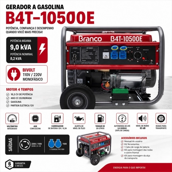 Gerador Gasolina 9kVA 9000W Partida Elétrica B4T-10500E